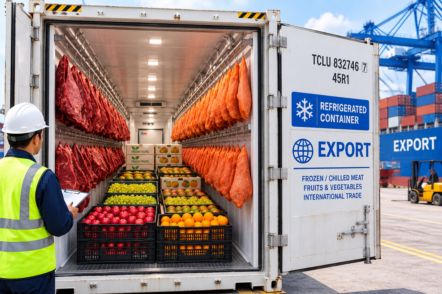 Refrigerated container loaded with fresh fruits and chilled meat for export