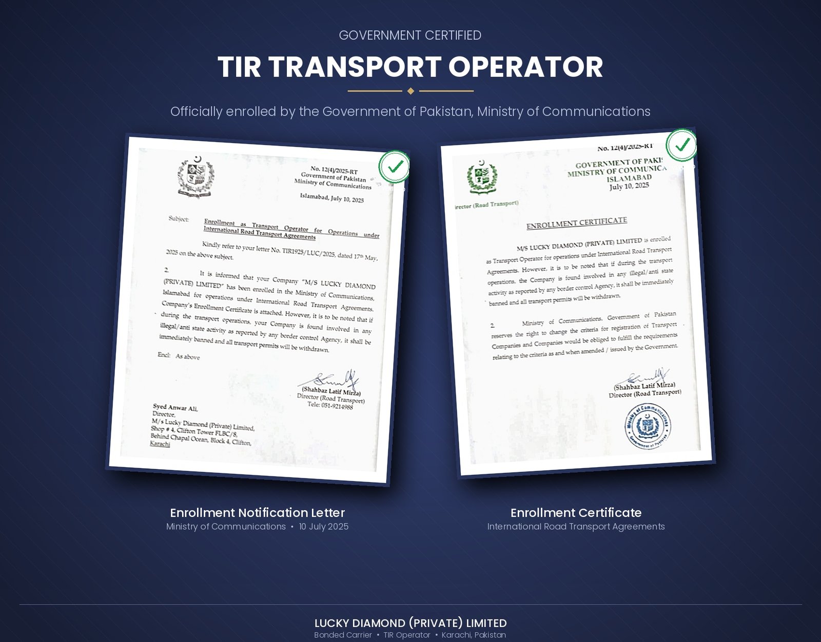 Lucky Diamond (Private) Limited — Government of Pakistan TIR Enrollment Certification